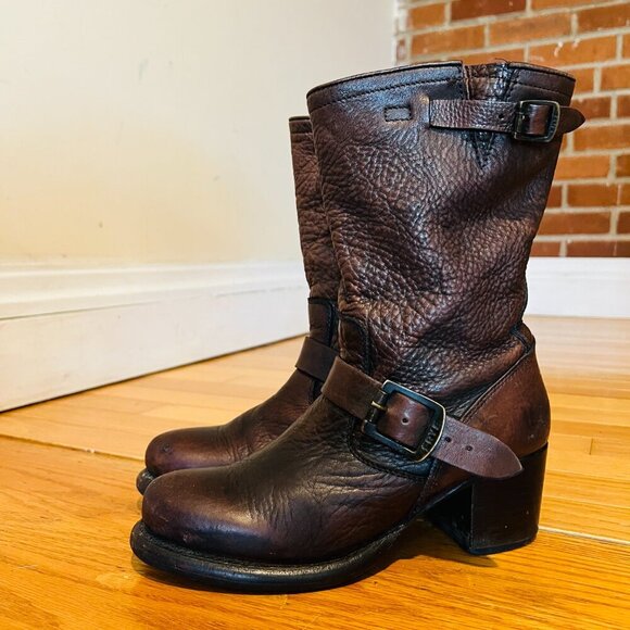 Frye Vera Short Engineer Motorcycle Belted Brown Leather Boots - Size 5.5 - Picture 5 of 16